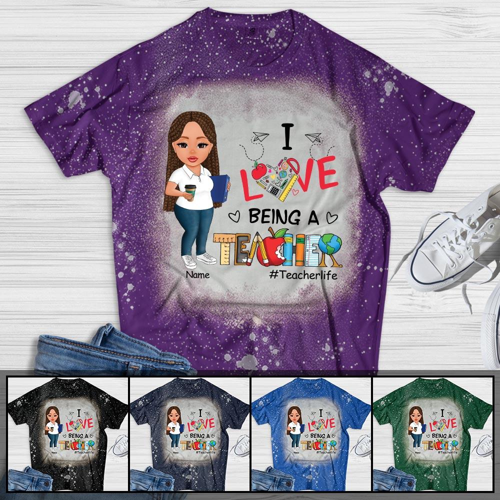 I Love Being Teacher School Item Heart Bleach Shirt, Teacher Life Hashtag Bleach Shirt, Custom Teacher Name Bleach Shirt