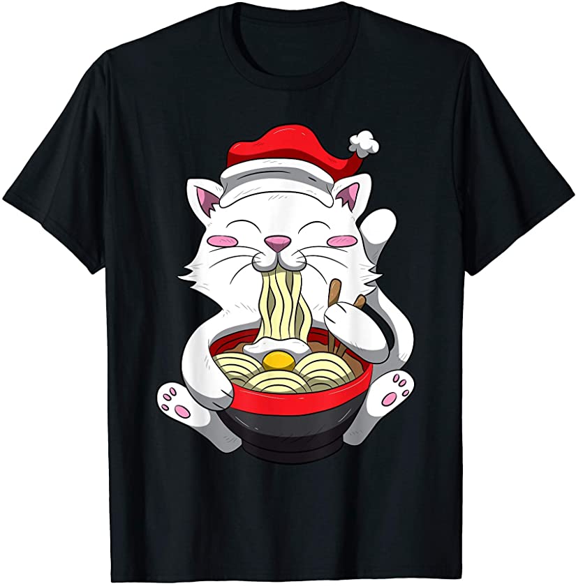 Anime Cat With Santa Hat, Cute Kitten Ramen Christmas Season T-Shirt