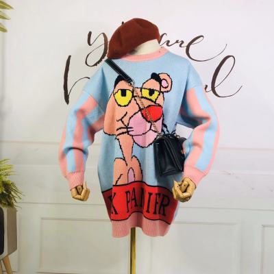 Autumn Winter Thick Sweater Women Knitted Pullover Cartoon Pink Panther Sweaters Long Sleeve O-Neck Jumper Warm Knit Tops Female alx