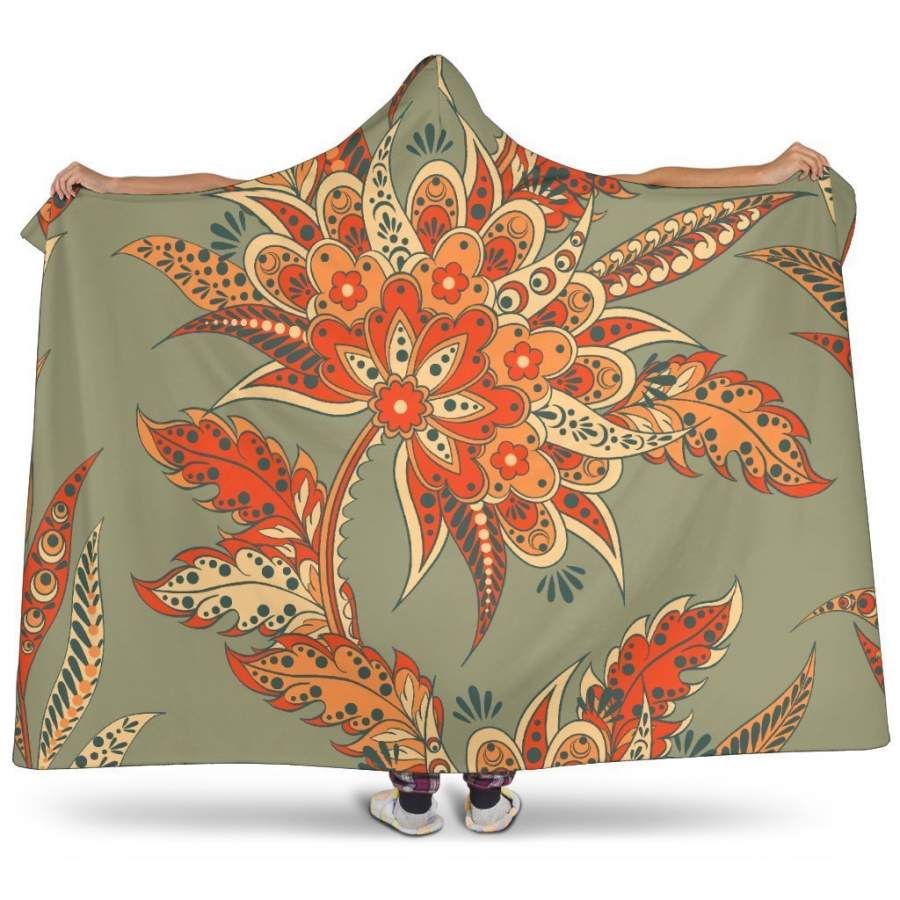 Vintage Orange Bohemian Floral Print Hooded Blanket