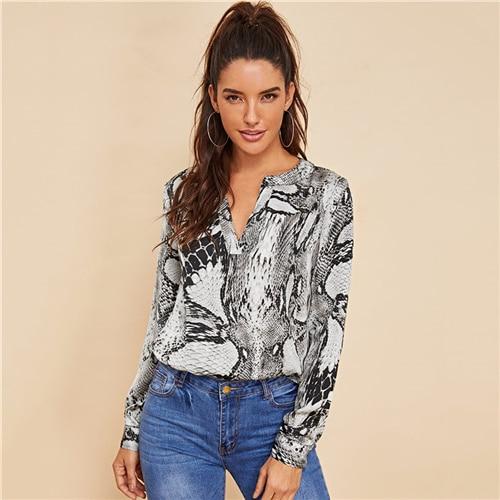 Grey Modern Lady Weekend Casual V-Cut Neck Animal Snake Skin Long Sleeve Top Women Autumn Elegant Pullovers Blouses