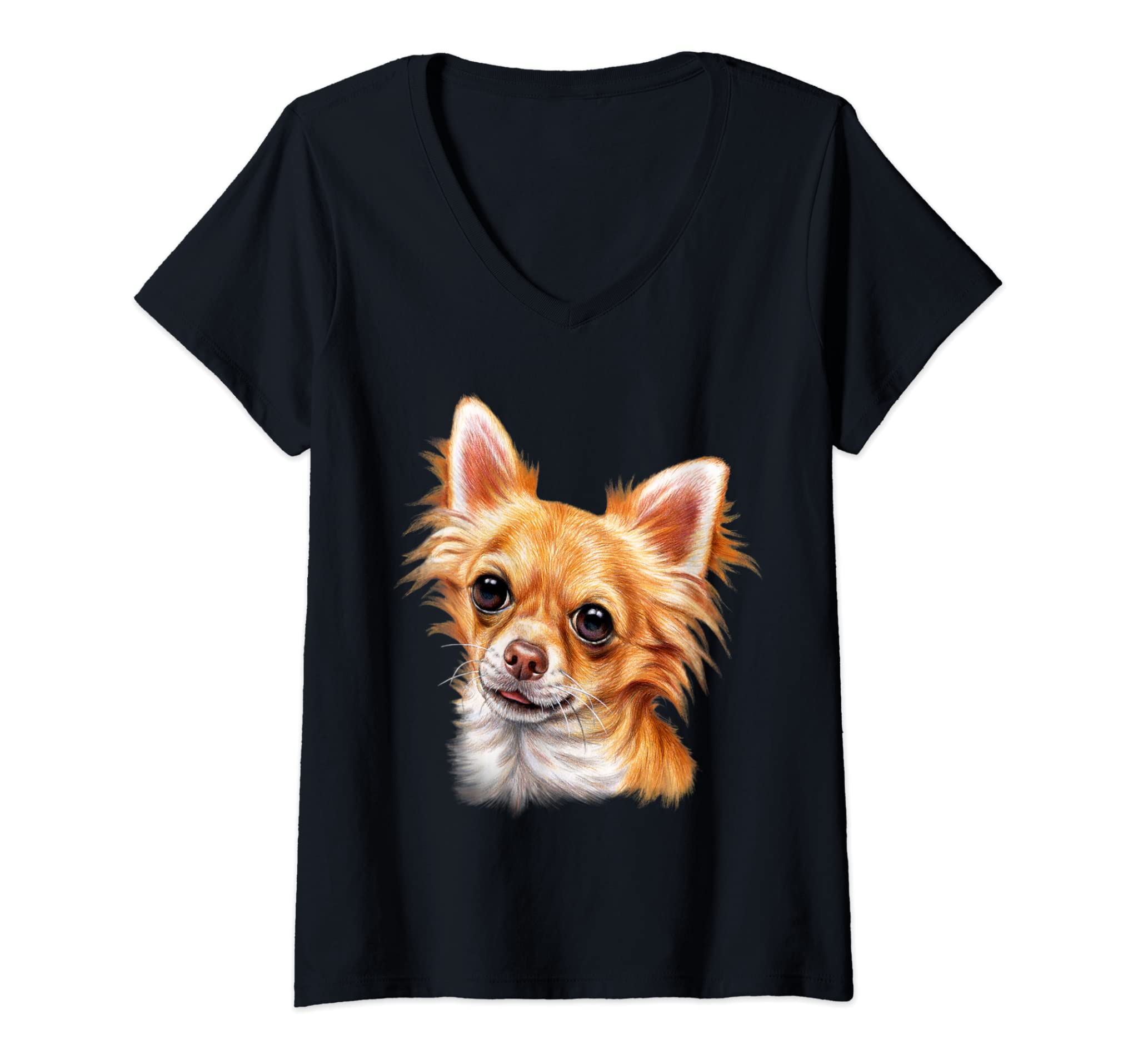 Womens Long Haired Chihuahua Gift Watercolor Painting Cute Dog Art V-Neck