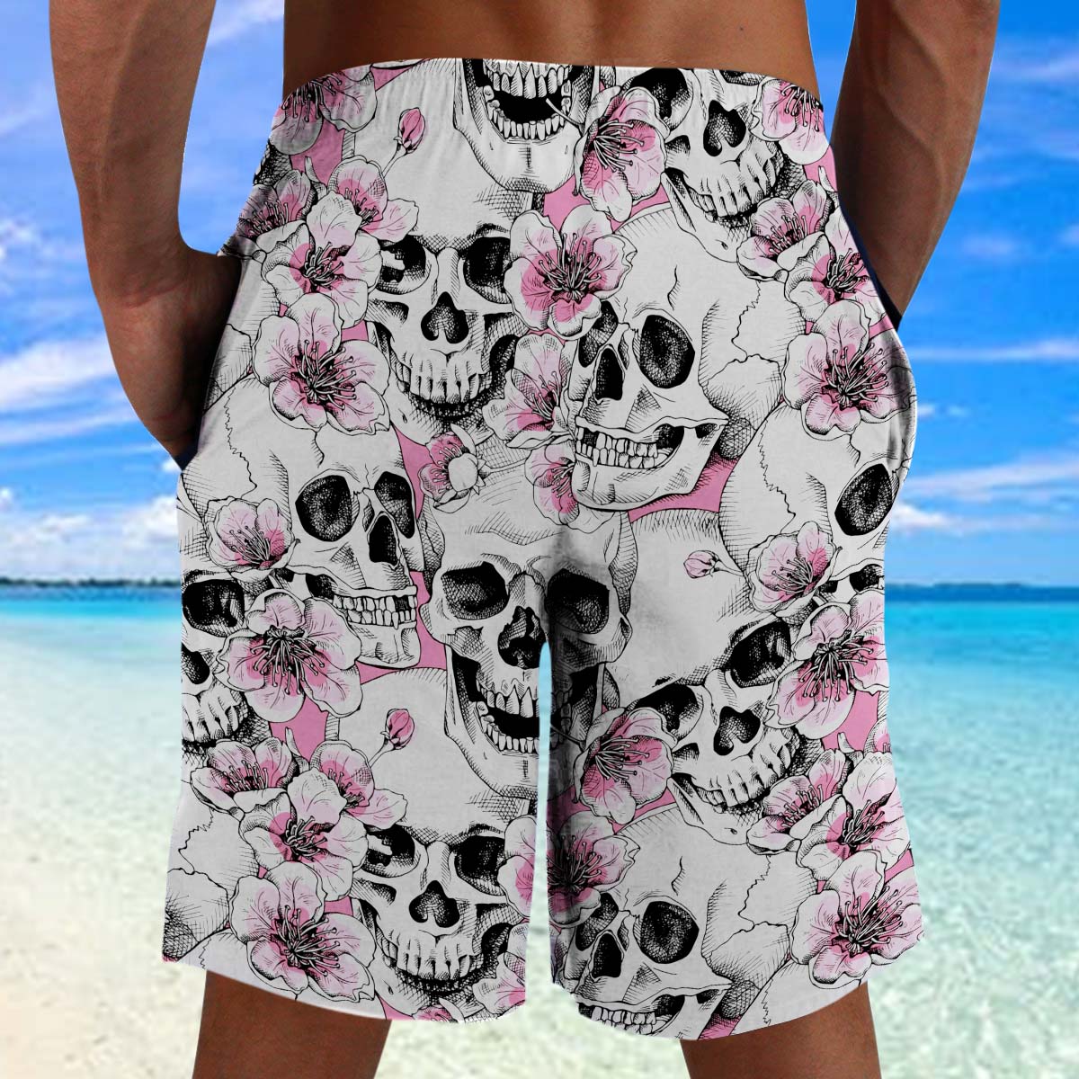 Skull Flower Pink White Hawaii Beach Shorts Colorful S Ha42136