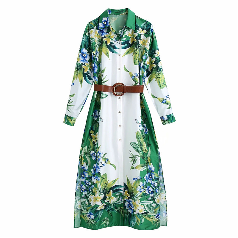 Women Summer Dress 2022 Sexy Side Split Dress with Belt Long Sleeve Floral Printed Vintage Mid-Calf Dress Vestido De Mujer alx