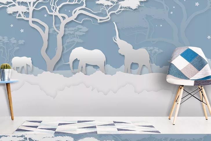 3D Hand Drawn Blue Forest Animal Elephant Wall Mural Wallpaper Lqh 155