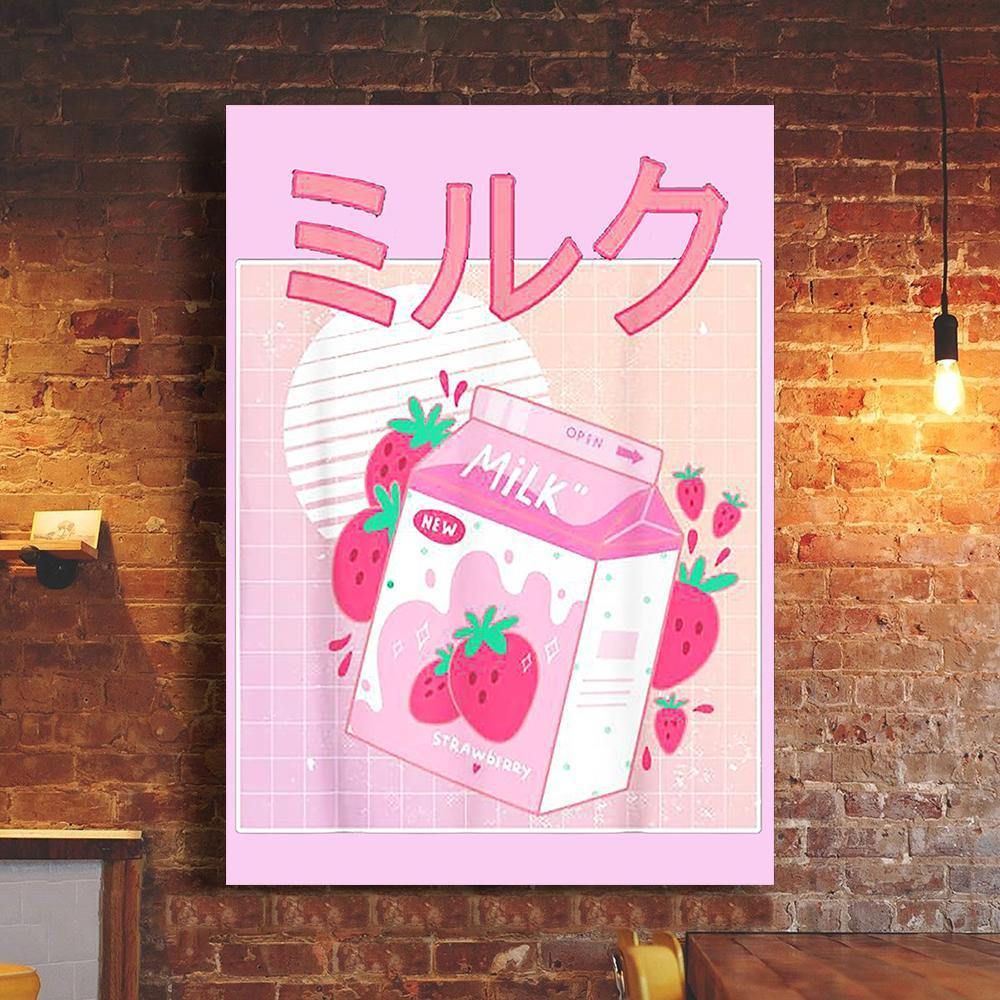 Pink Strawberry Milk Poster Retro 90s Japanese Kawaii Cute Room Decor Items