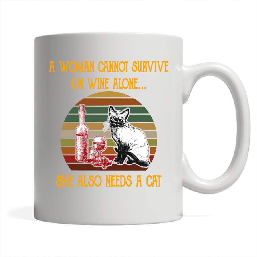 A Woman Cannot Survive On WIne Alone She Also Needs A Cat, Classic Vintage Retro Design – Full-Wrap Coffee White Mug