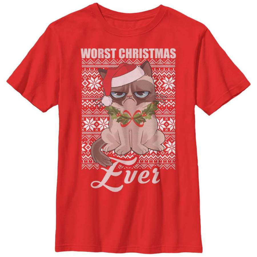 Grumpy Cat Boy’s Ugly Christmas Worst Ever  T Shirt Red