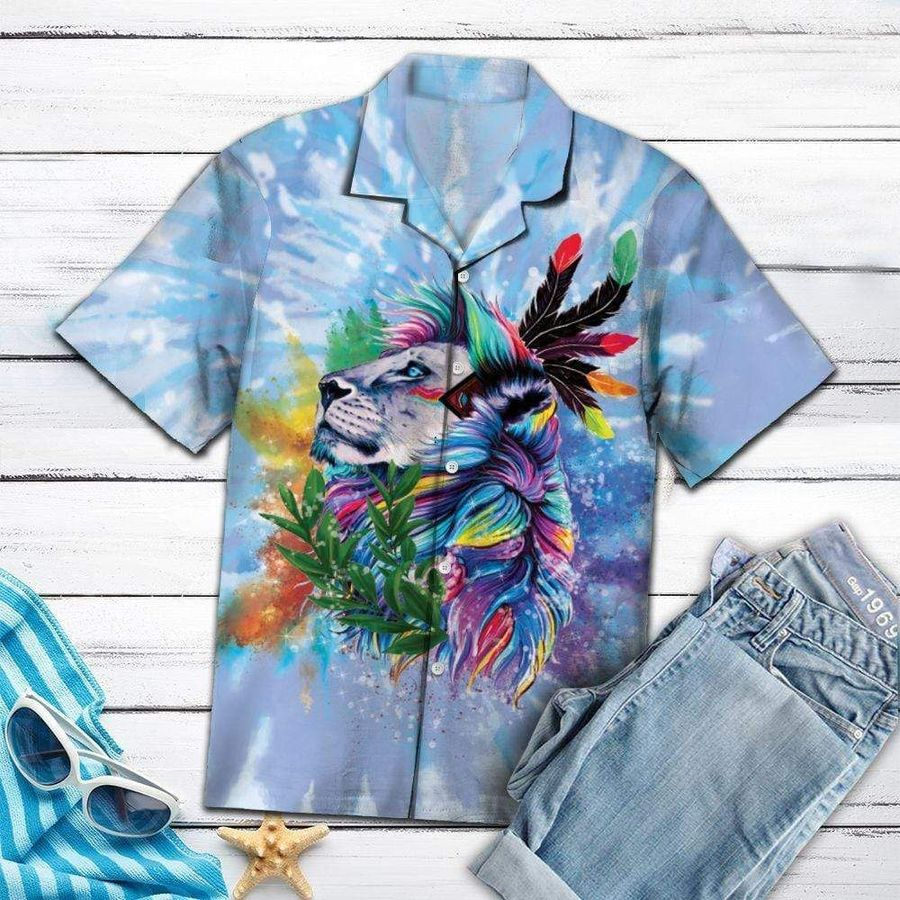 Tie Dye Native American Lion Colorful Feather 3D Print Polyester Hawaiian Aloha Shirt