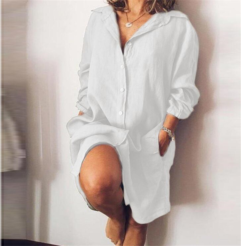 2022 Autumn Cotton Linen Women’s Shirt Dress Long Sleeve Solid White Casual Dresses Female Summer Fashion Loose Ladies Clothes alx