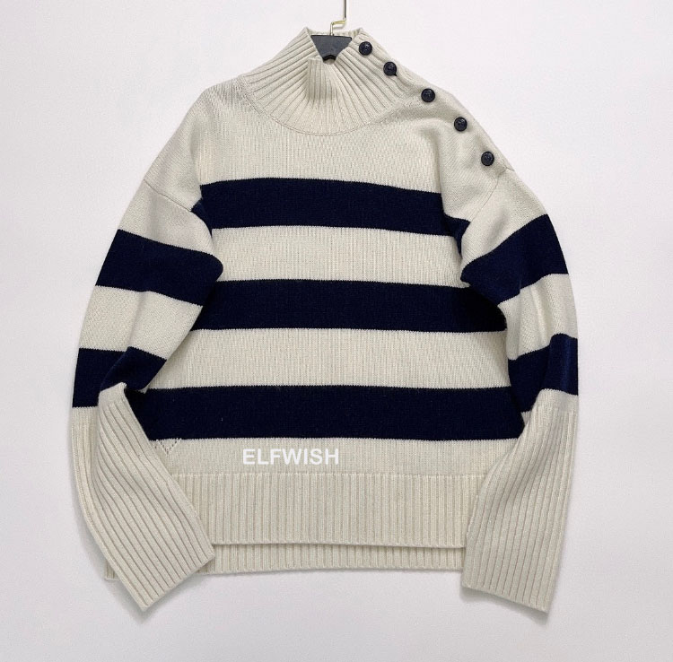 2023 New Woman White Black Striped Oversized Cashmere SweatersTurtleneck Drop Shoulder with Buttons Long Sleeved Tops alx