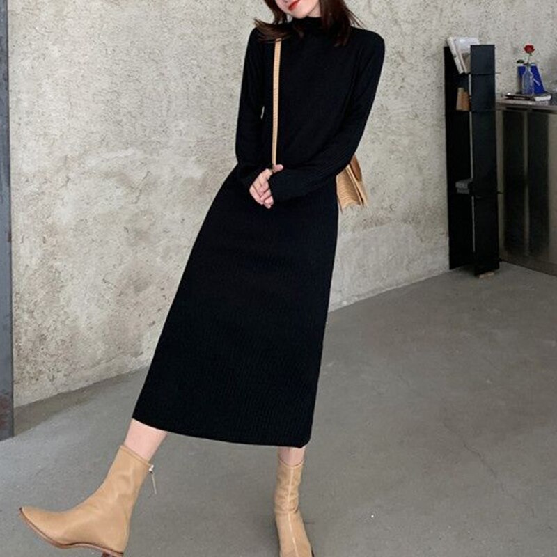 Autumn Winter Half Turtleneck Knitted Warm Korean Fashion Loose Dresses for Women 2022 Solid Straight Long Sleeve Vintage Dress alx