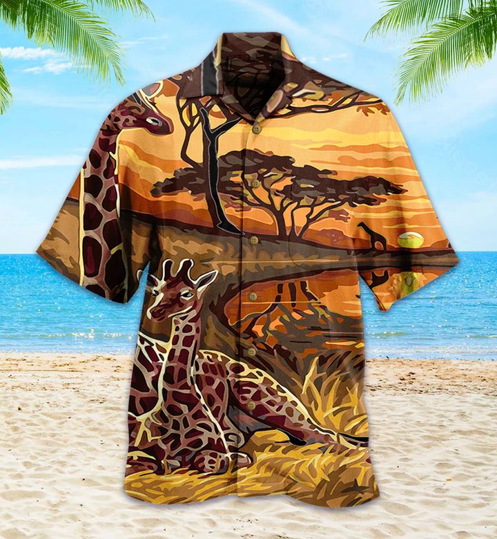 Giraffe Couple Sunset Orange Hawaii Shirt Ha22780