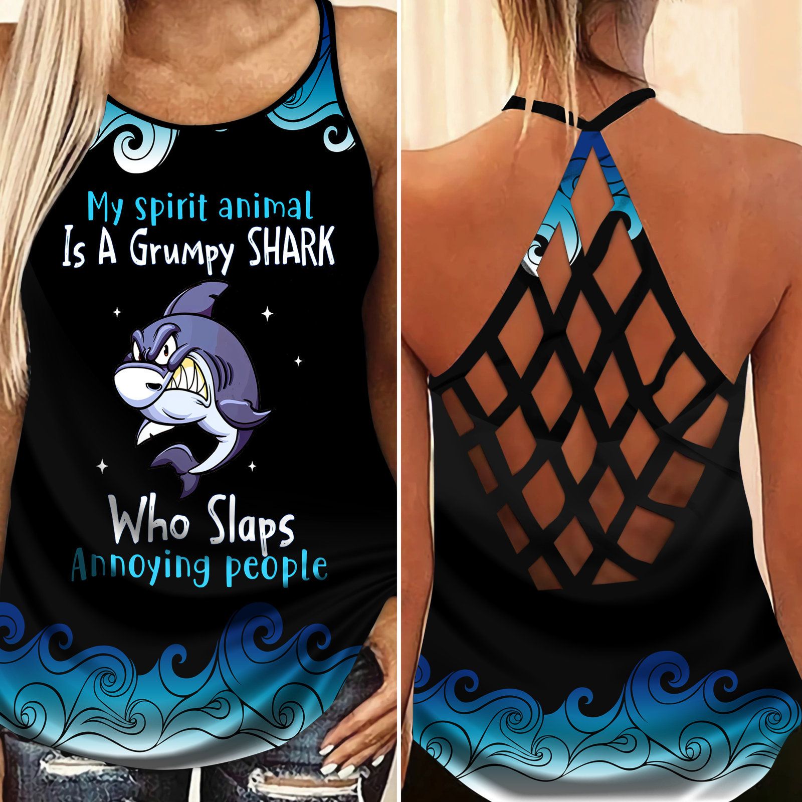 Shark Tank Top – My Spirit Animal Is A Grumpy Shark Criss Cross Tank Top Gift For Women