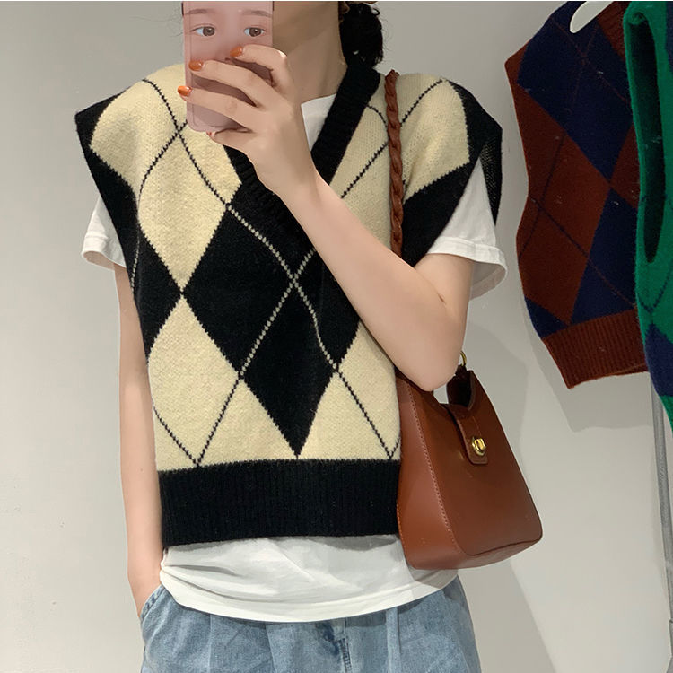 Sweater Vests Women Ulzzang Argyle Autumn Baggy Teenagers Casual Comfort Panelled Simple Fashionable Newest All-match Basic Lady alx