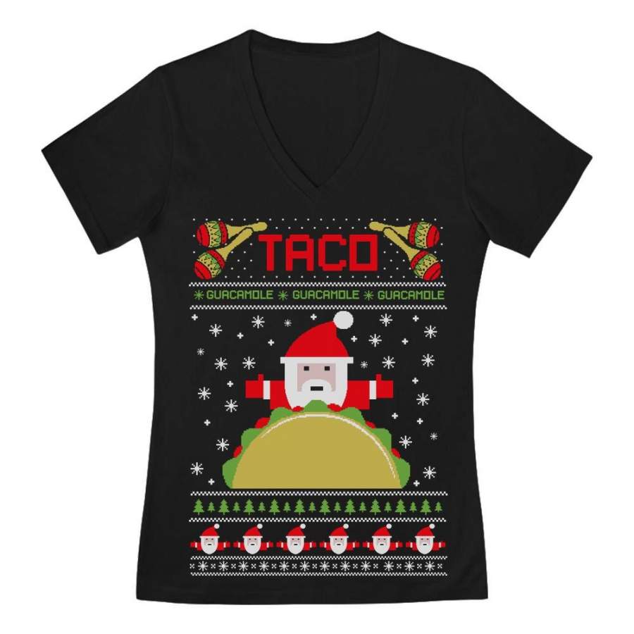 Taco Santa Ugly Christmas Funny V-Neck Fitted Women T-Shirt