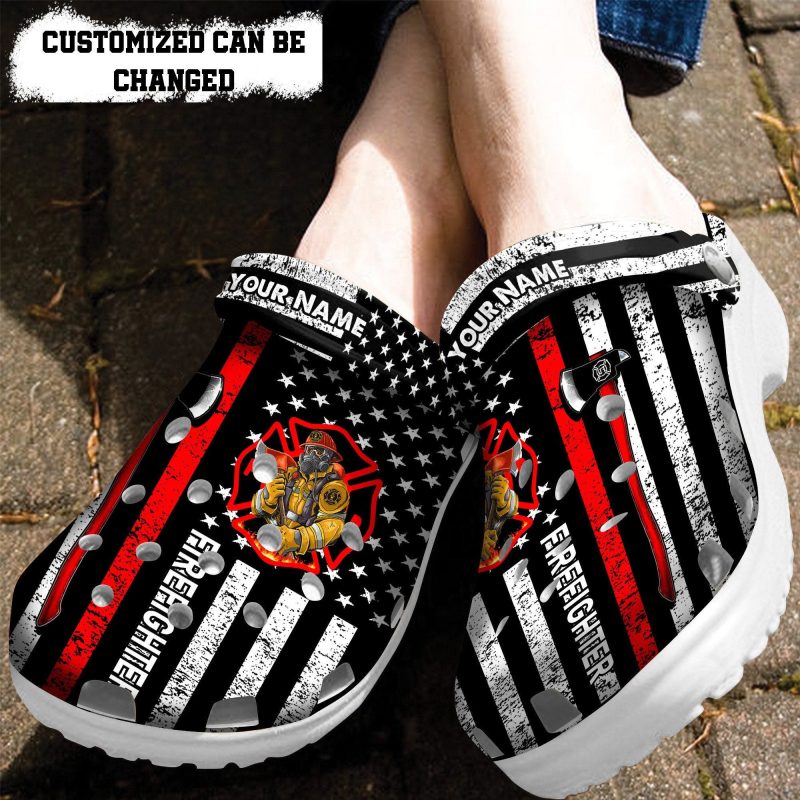 Father Day Firefighter Gifts Shoes For Dad Grandpa – Firefighter Usa Flag Black Shoes Croc Clog