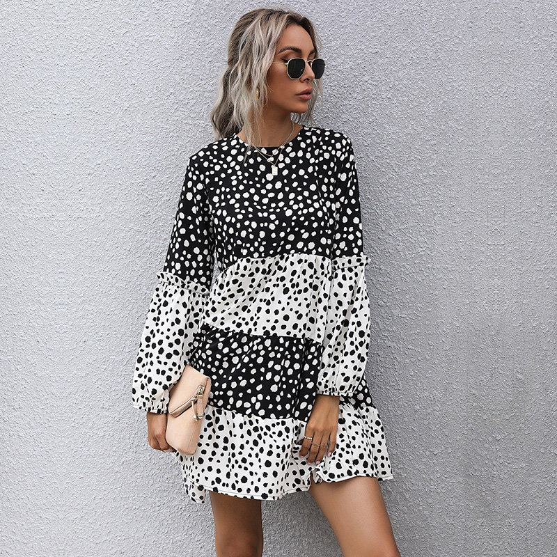 Women’s Dress British Style Polka Dot Lovely Long Sleeve Dress Casual Holiday Loose Mini Dress Cascading Ruffles Blouses Dress alx