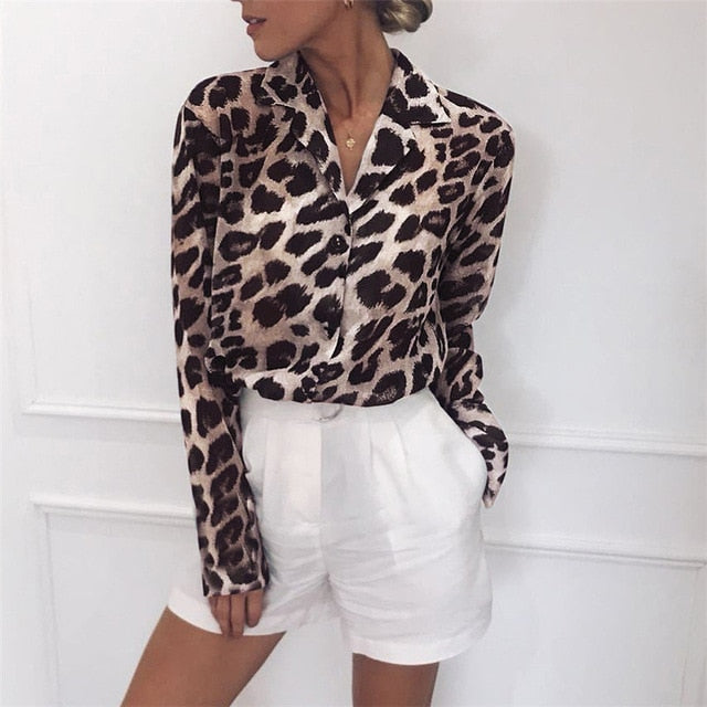 Vintage Blouse Long Sleeve Sexy Leopard Print Blouse Turn Down Collar