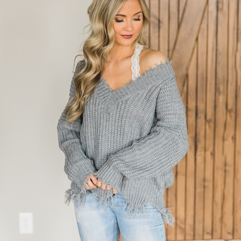 2021 Women Sexy Deep V-neck Thick Knitted Sweaters 2021 Autumn Winter Solid Irregular Tassel Loose Pullover Long Sleeve Tops alx