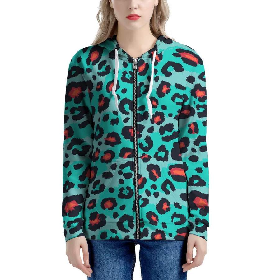 Teal Leopard Women’s Zip Up Hoodie