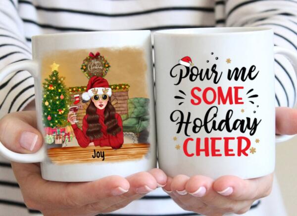 Personalized Mug, Pour Me Some Holiday Cheer, Girl Drinking Christmas Theme, Christmas Gift For Wine Lovers