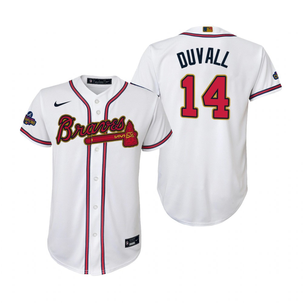 Youth Adam Duvall 14 Jersey, Atlanta Braves White 2022-23 Gold Program Jersey