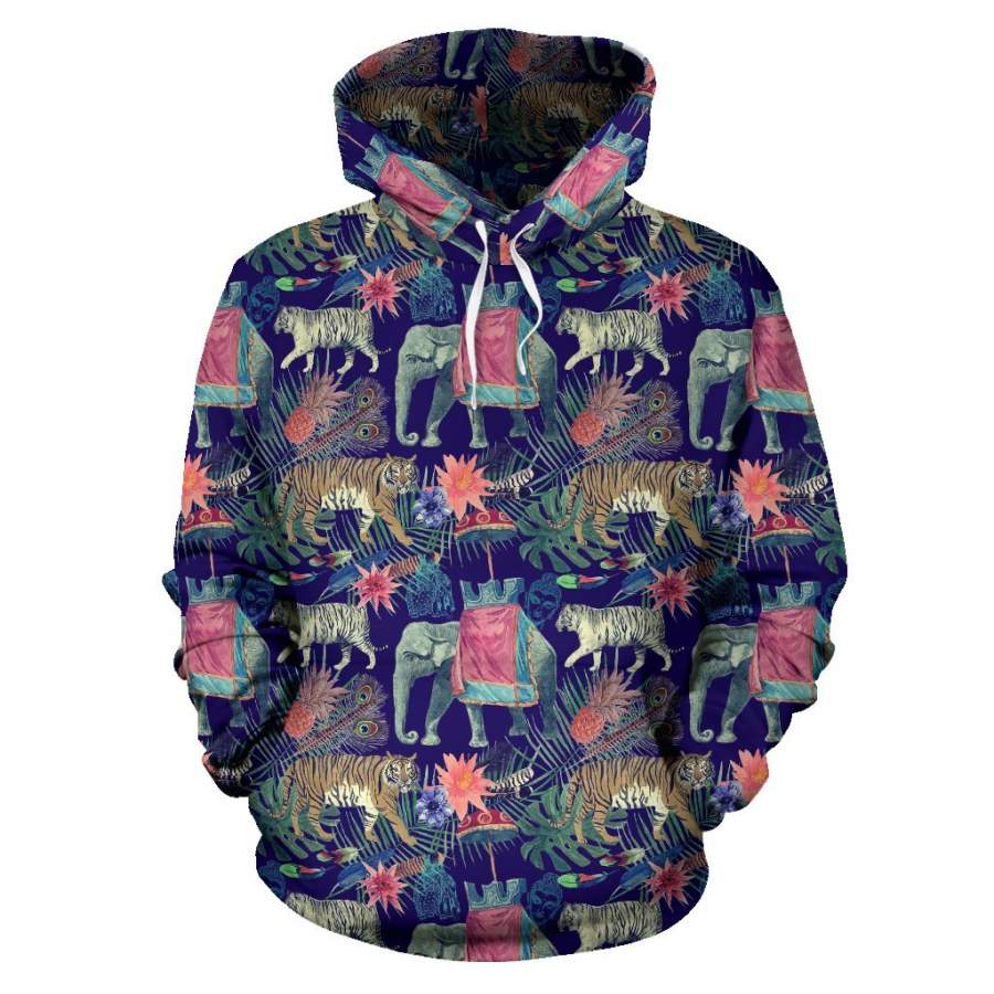 Tropical Palm Leave Peacock Tiger Elephant Women Men All Over Graphic Hoodie