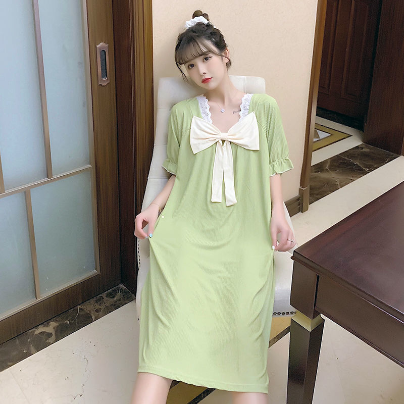 Summer Sweet Women Short Sleeve Nightgown Square Collar Lace-up Sleepshirts Loose Korean Girl Ruffle Lounge Students Sleepwear alx