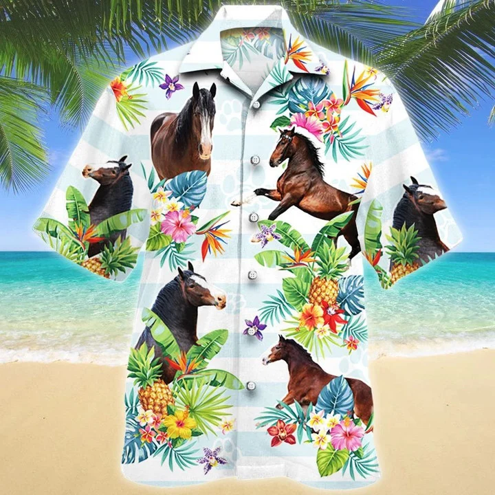 Clydesdale Horse Tropical Flower Blue And White Stripe Hawaii Shirt Ha78679