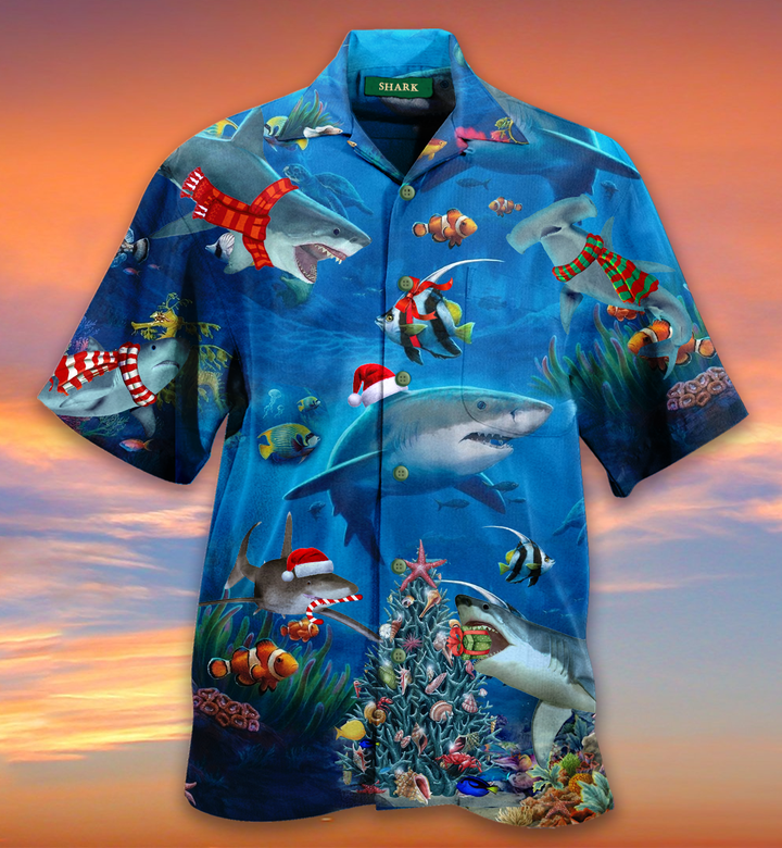 Shark Christmas Coral Tree Clown Fish Santa Hat Blue Ocean Hawaiian Shirt 3D, Coral Hawaiian Shirt For Men & Women Summer Gifts