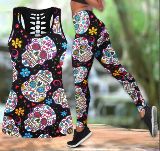 Skull Candy Flower Pattern Legging And Hollow Out Tank Top Set Outfit For Women | Adult | Lgs1530