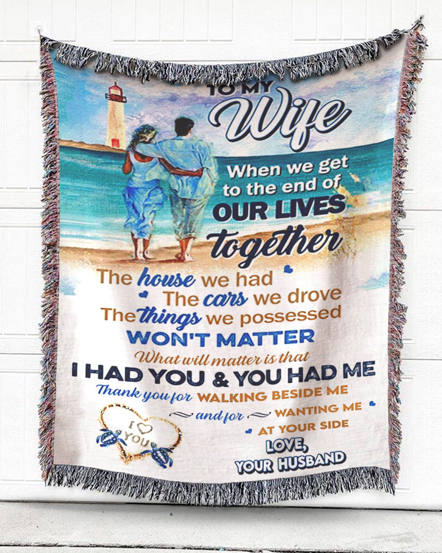 Woven Throw For Wife Wedding Anniversary Gift, Beach And Lighthouse – I Had You And You Had Me, Cotton Blanket