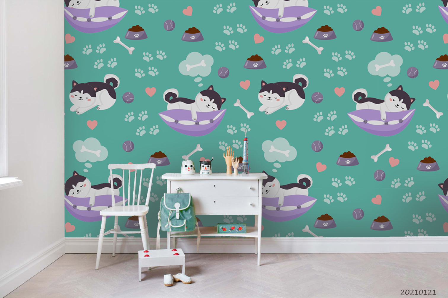 3D Cartoon Animal Cat Green Wall Mural Wallpaper Lqh 25