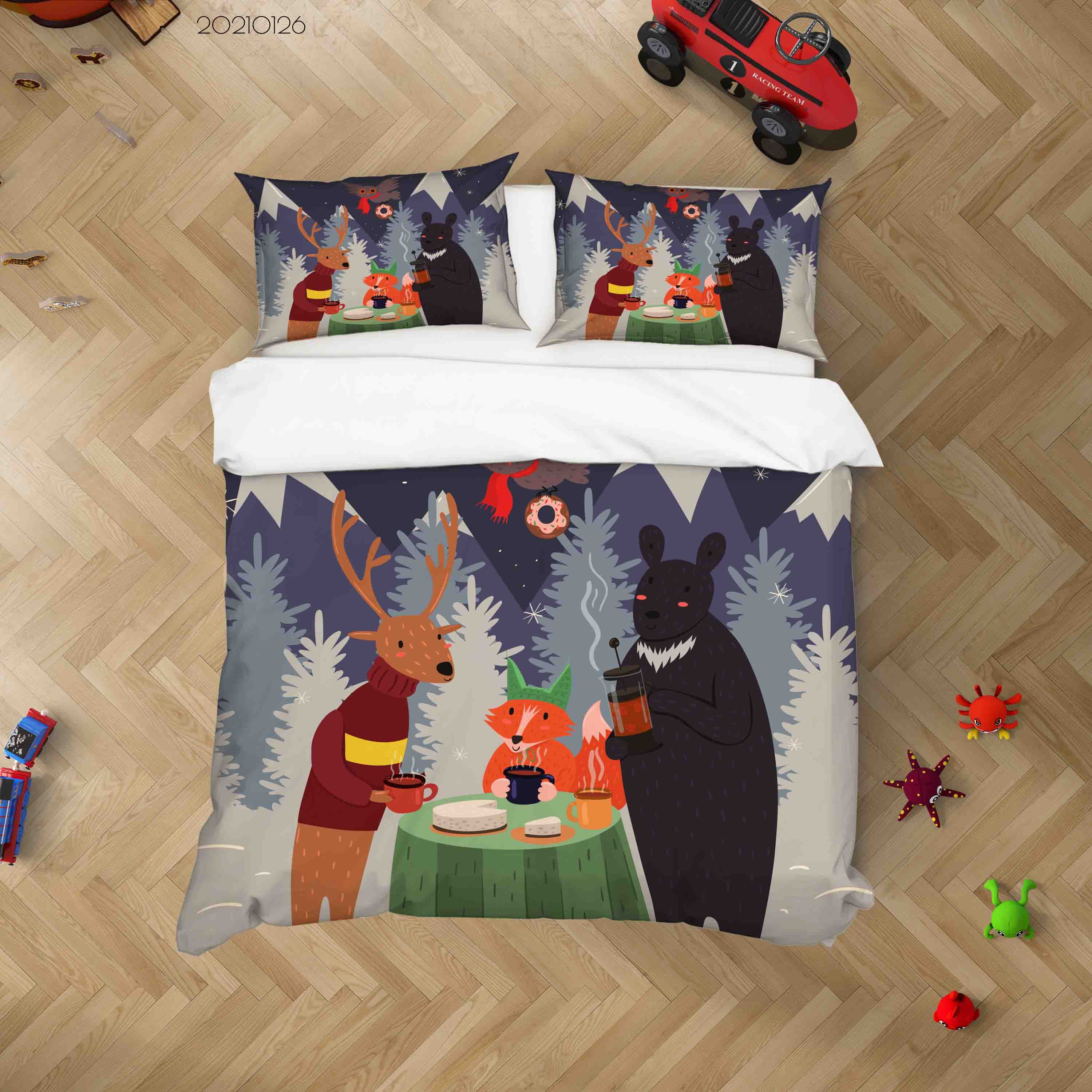 3D Cartoon Forest Animal Party Quilt Cover Set Bedding Set Duvet Cover Pillowcases 2 Lqh