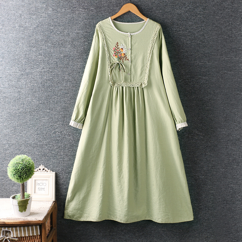 2021 Japan Style Mori Girl Embroidered Cotton and linen Dress New Fall O-Neck Long Sleeve Midi Dress Women alx