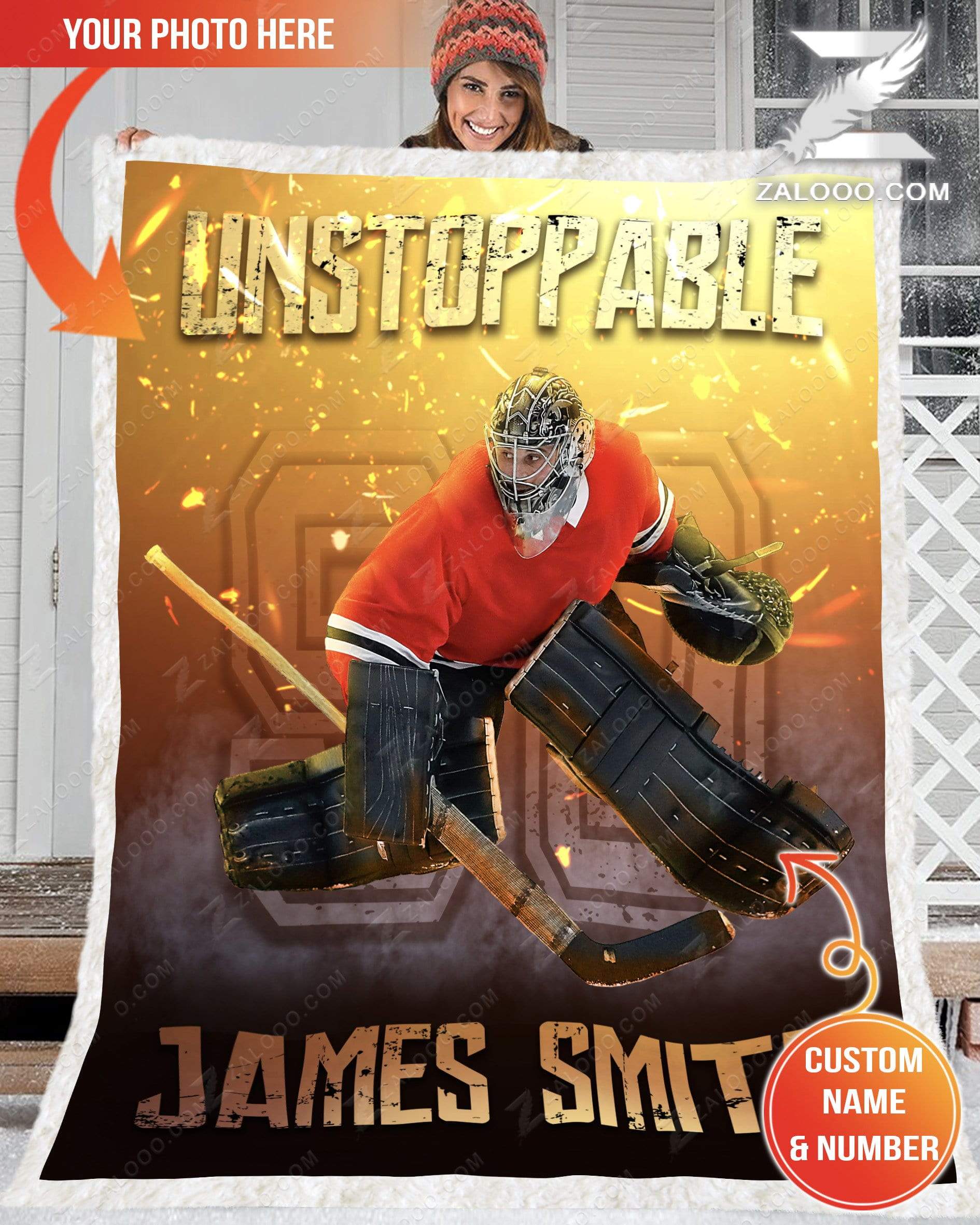 Christmas Gift – Personalized Photo Hockey Goalie – Unstoppable Quilt Blanket Ep2542