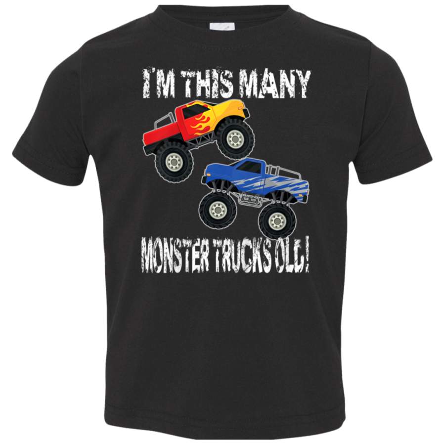 Kids 2nd Birthday im this many monster trucks old Shirt gift 3321 Rabbit Skins Toddler Jersey T-Shirt