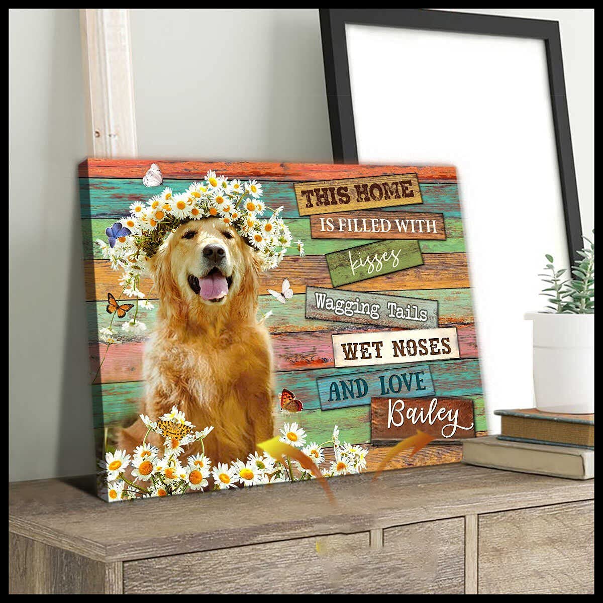 “This Home Is Filled With Kisses” Custom Photo Dog Canvas Canvas, Framed Lovely Puppy Art Scenery For Hanging Wall Decor