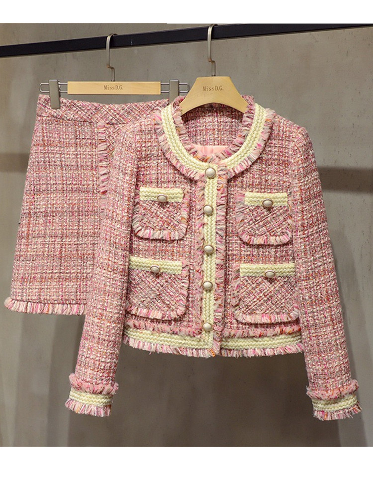 Small Fragrance Winter Woolen Tweed Thick 2 Piece Set Women Pink Plaid Pocket Short Jacket Coat + Buttons Tassles Skirt Suit alx