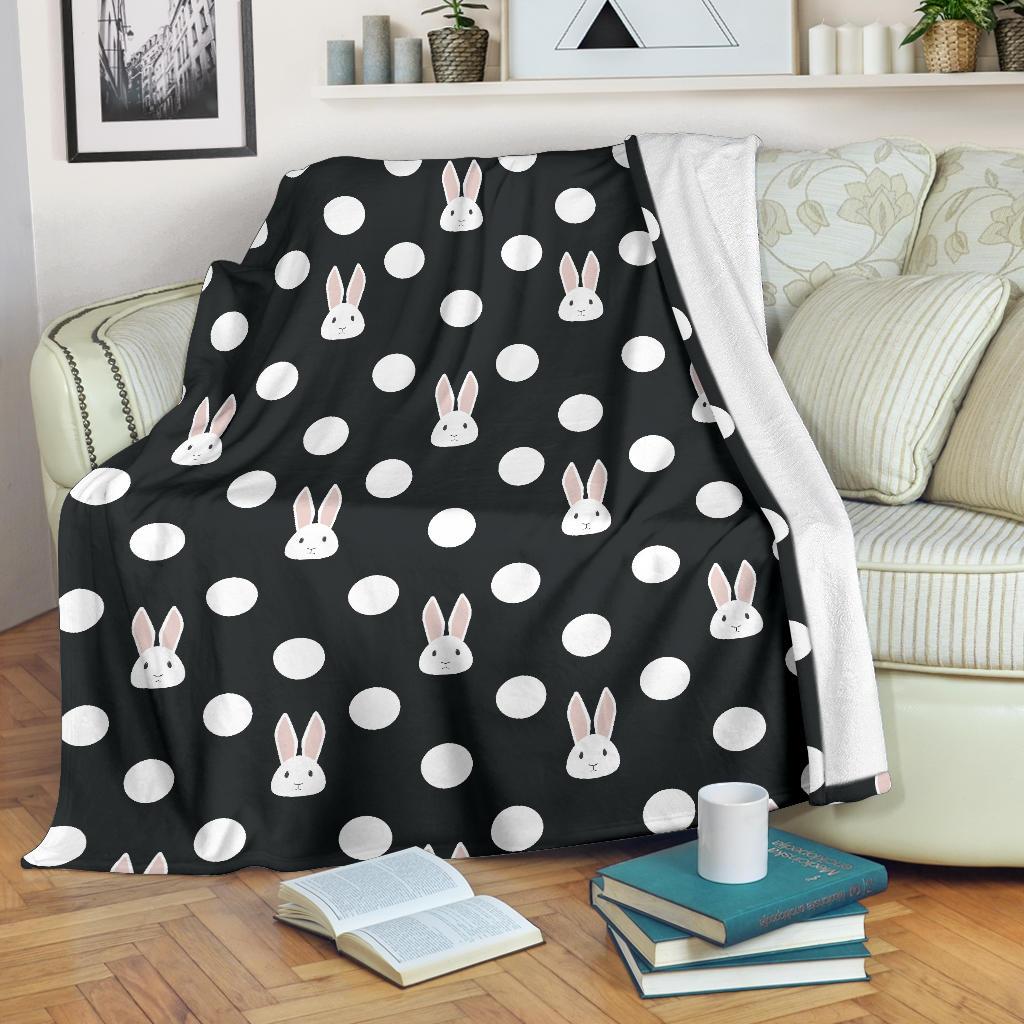 Cute White Rabbit Polka Dots Black Background Premium Blanket