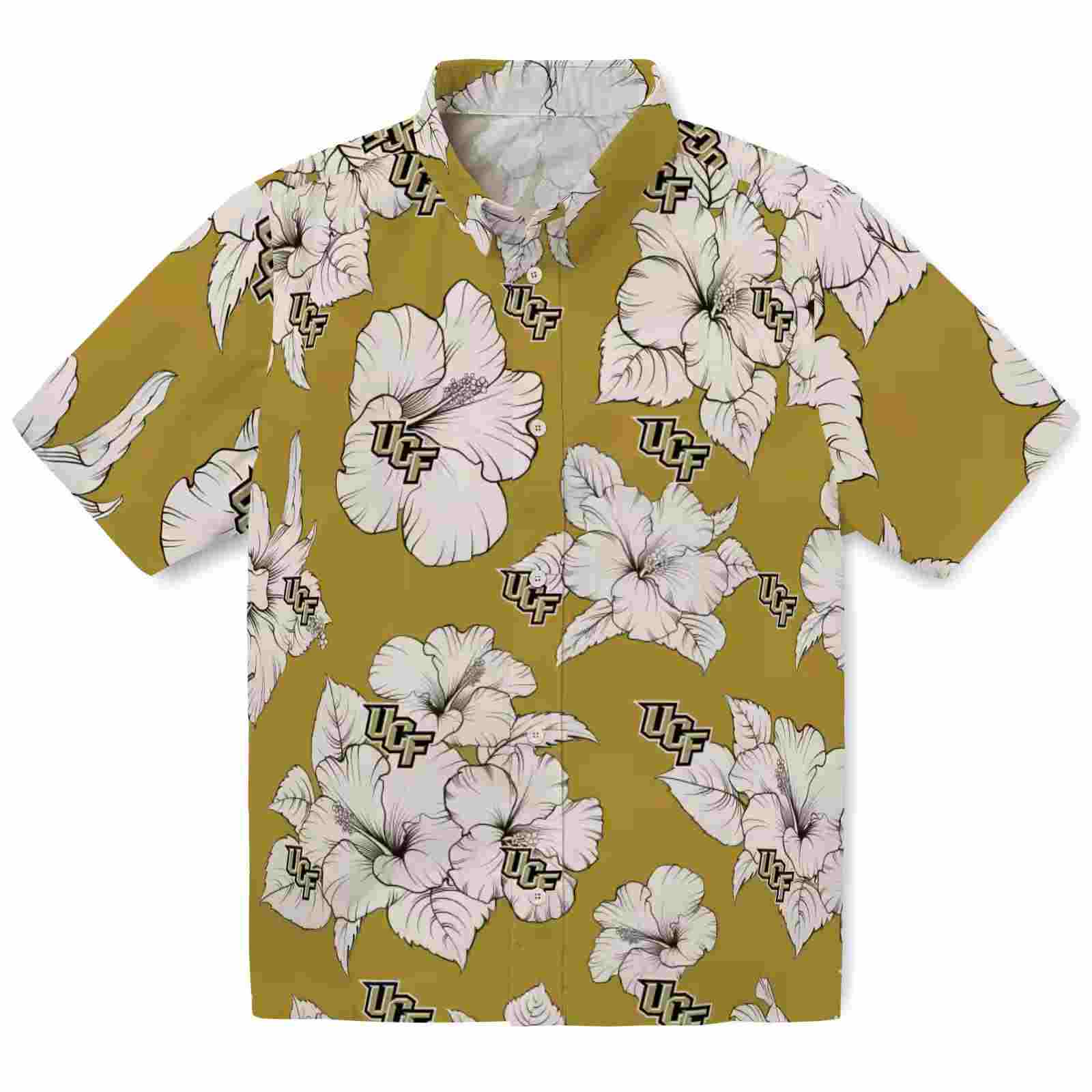 Ucf Knights Hibiscus Blooms Gold White Hawaiian Shirt