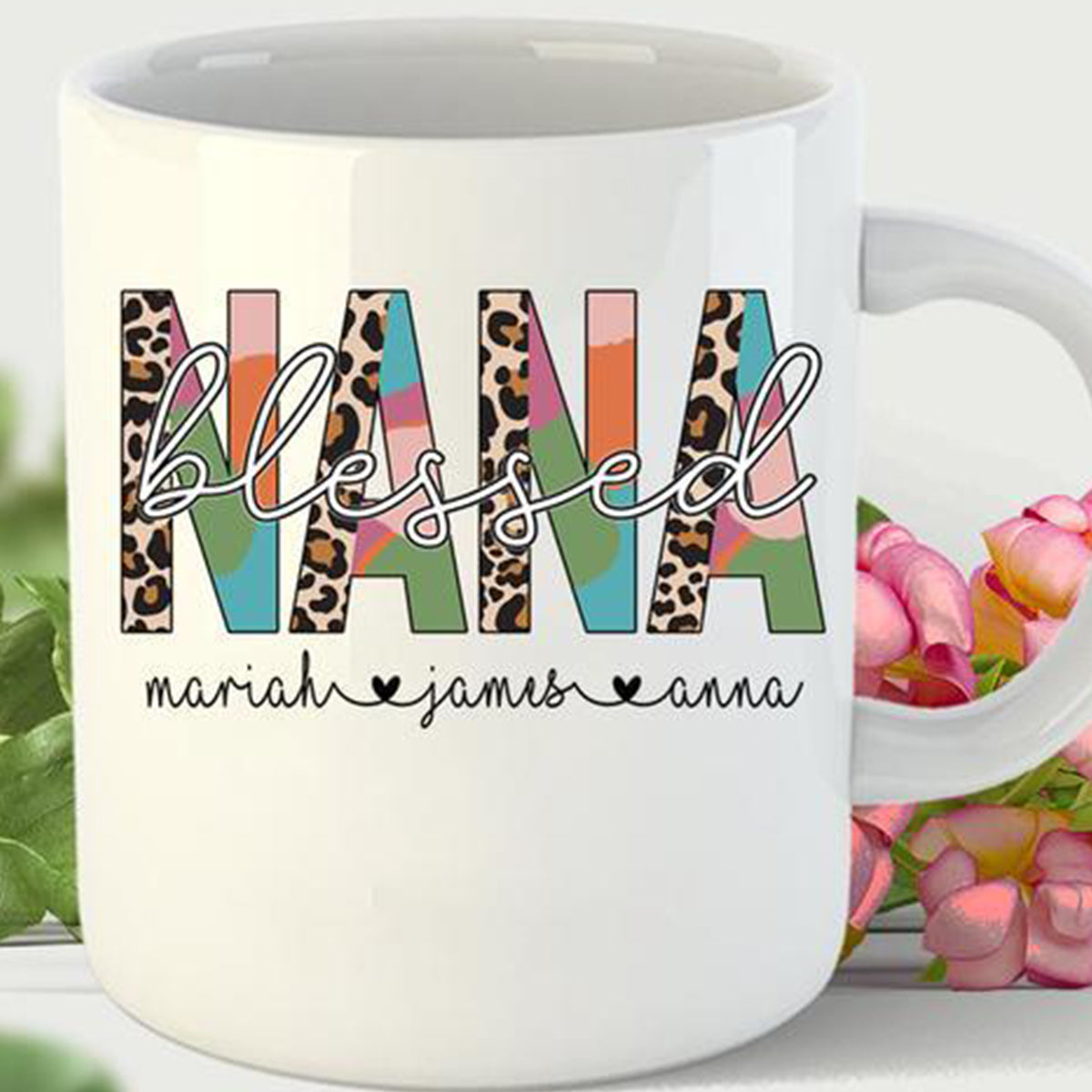 Personalized To Grandma Leopard Coffee Mug Funny Blessed Nana Customized Grandkids Name Gifts For Mothers Day Birthday