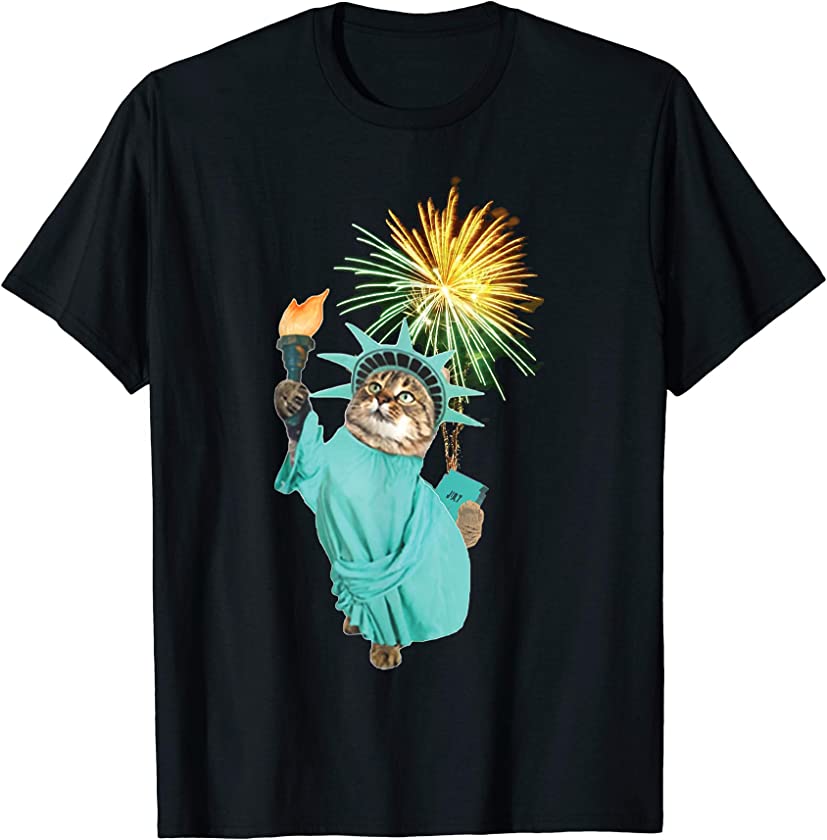 Statue Of Liberty Cat Kitten Fireworks July 4th T-Shirt