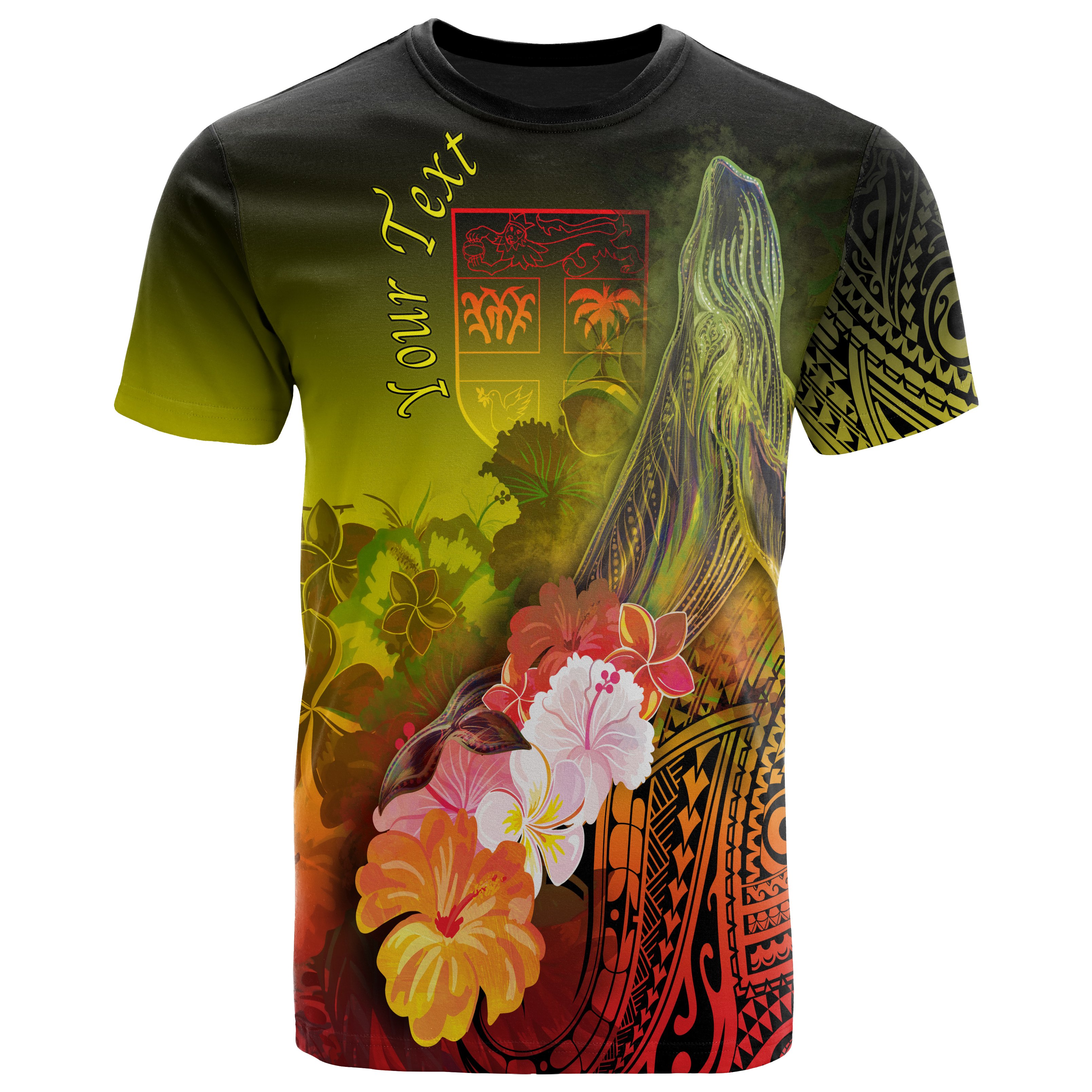 Fiji Custom Personalised T-Shirts – Humpback Whale with Tropical Flowers (Yellow)- BN18