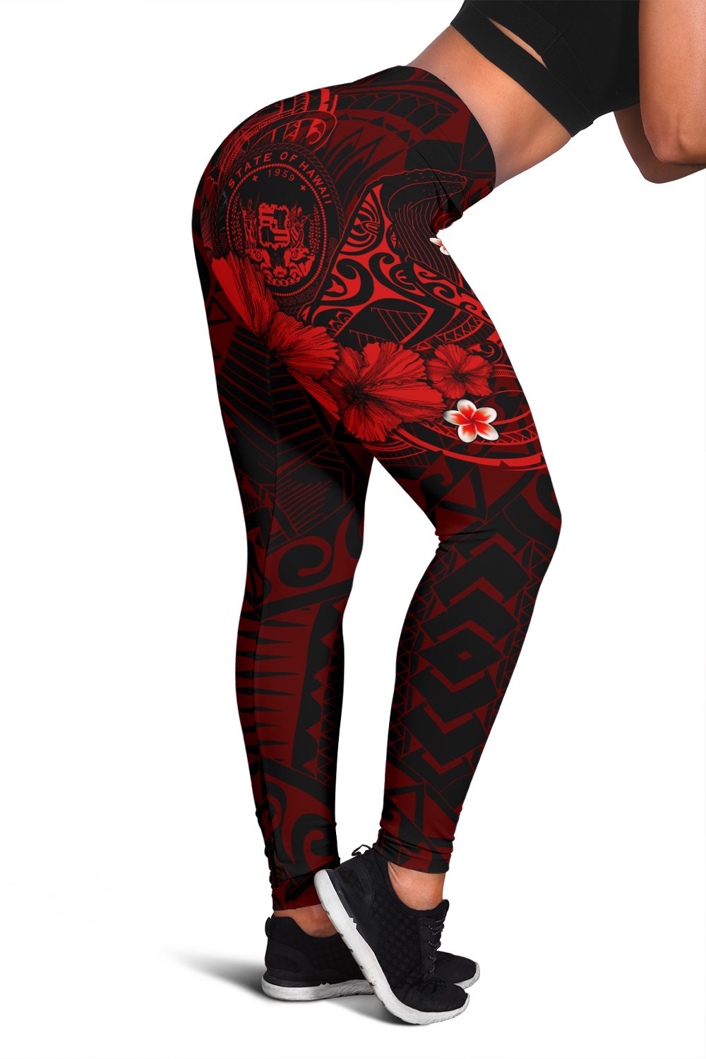 Polynesian Hawaii Women’s Leggings – Humpback Whale with Hibiscus (Red) – BN15