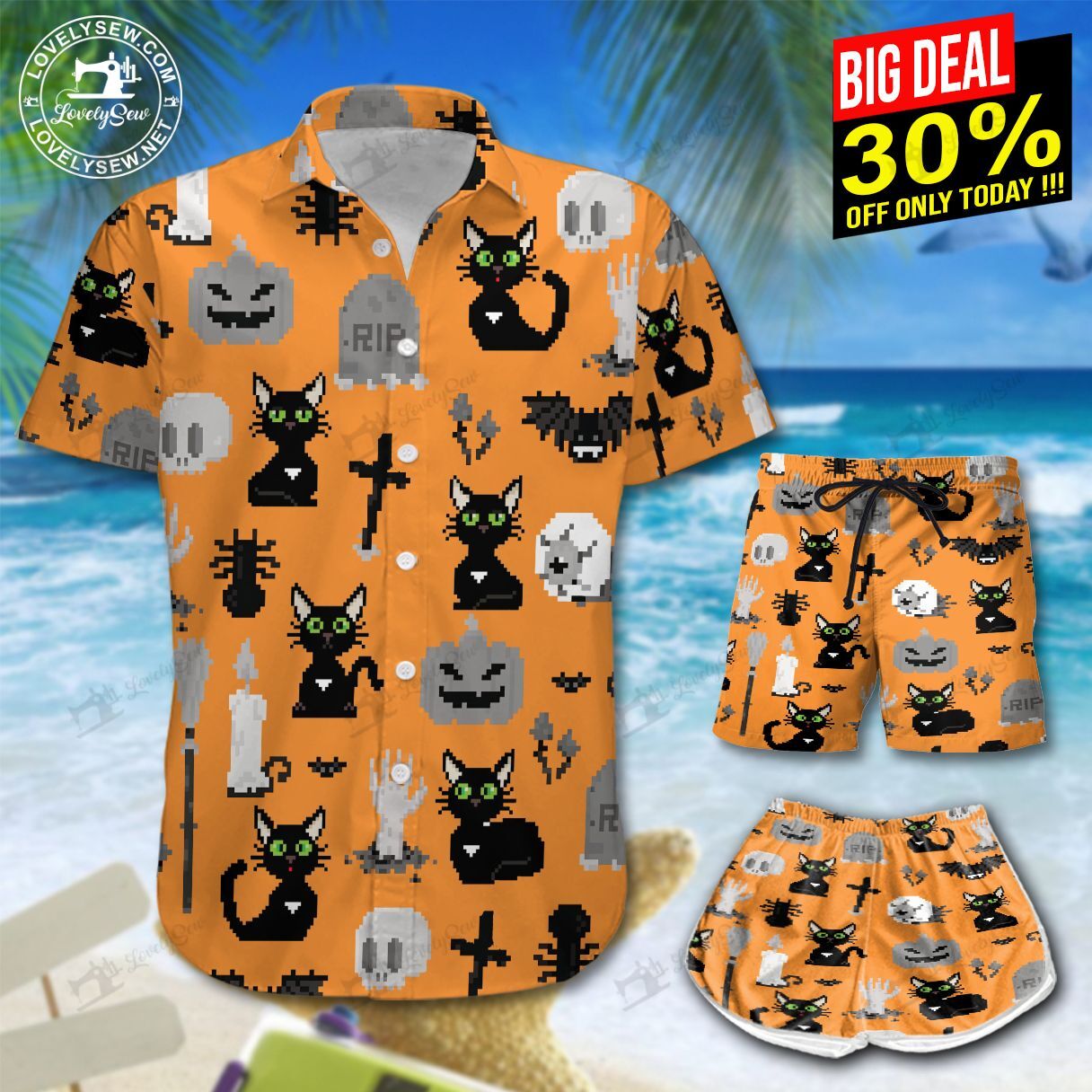 Pixel Halloween Black Cat Hawaiian Shirt Shorts Ha64784