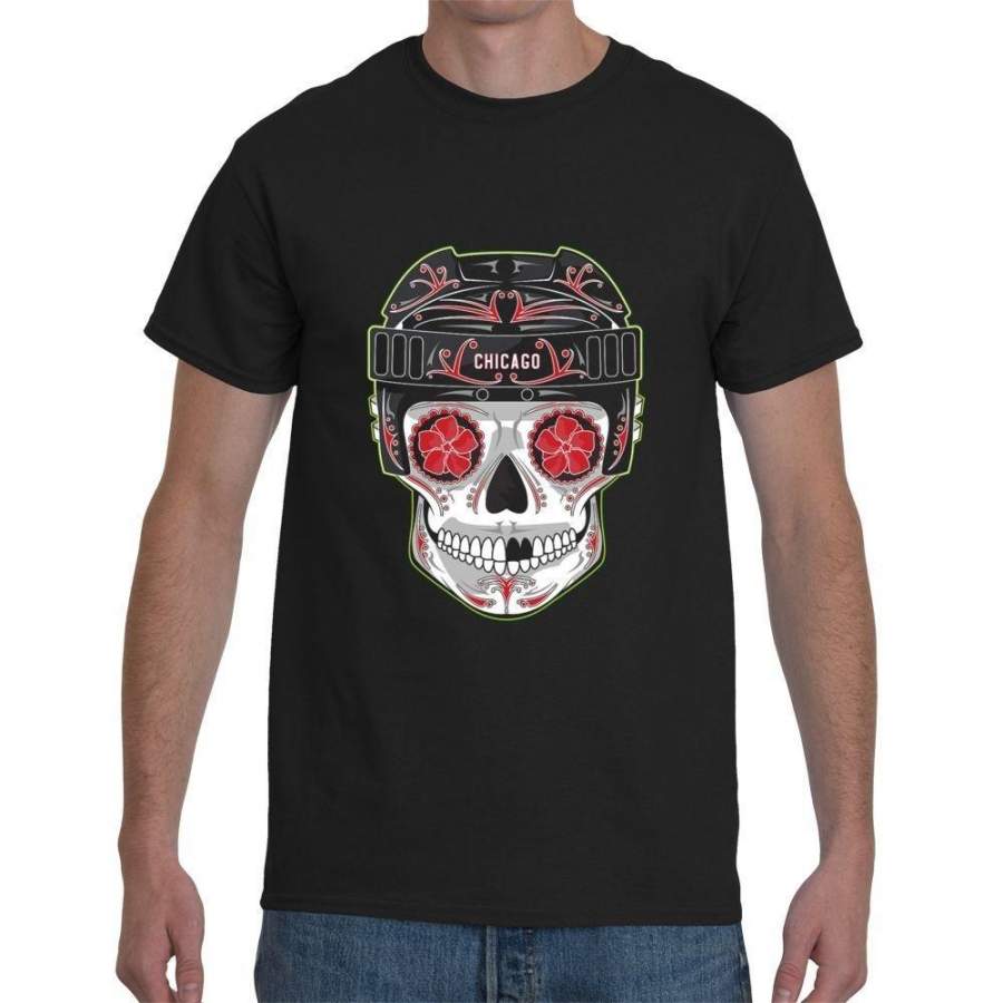 Chicago Blackhawks Sugar Skull Feathers Tomahawk Indian Head Hipster T-Shirt