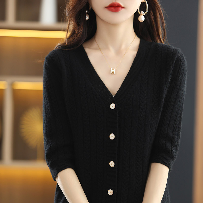 Spring And Summer New Wool Cardigan Women’s V-Neck Short-Sleeved Drill Button Loose Solid Color Outer Wear Knitted Bottoming Top alx