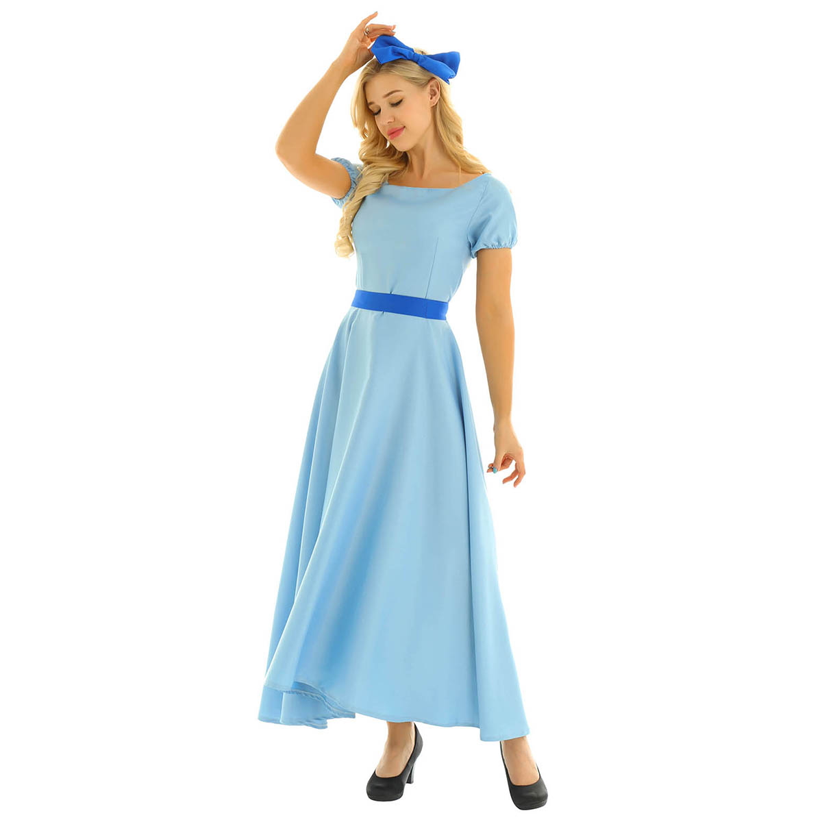 Women Halloween Cosplay Costume Wendy Dress Boat Neck Short Puff Sleeves Princess Party Fancy Maxi Dress with Headwear and Belt alx